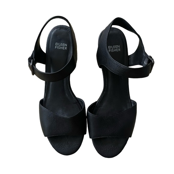 Eileen Fisher Black Pebbled Leather Sandals Heels Ankle Strap Womens Size 9 - Picture 2 of 9